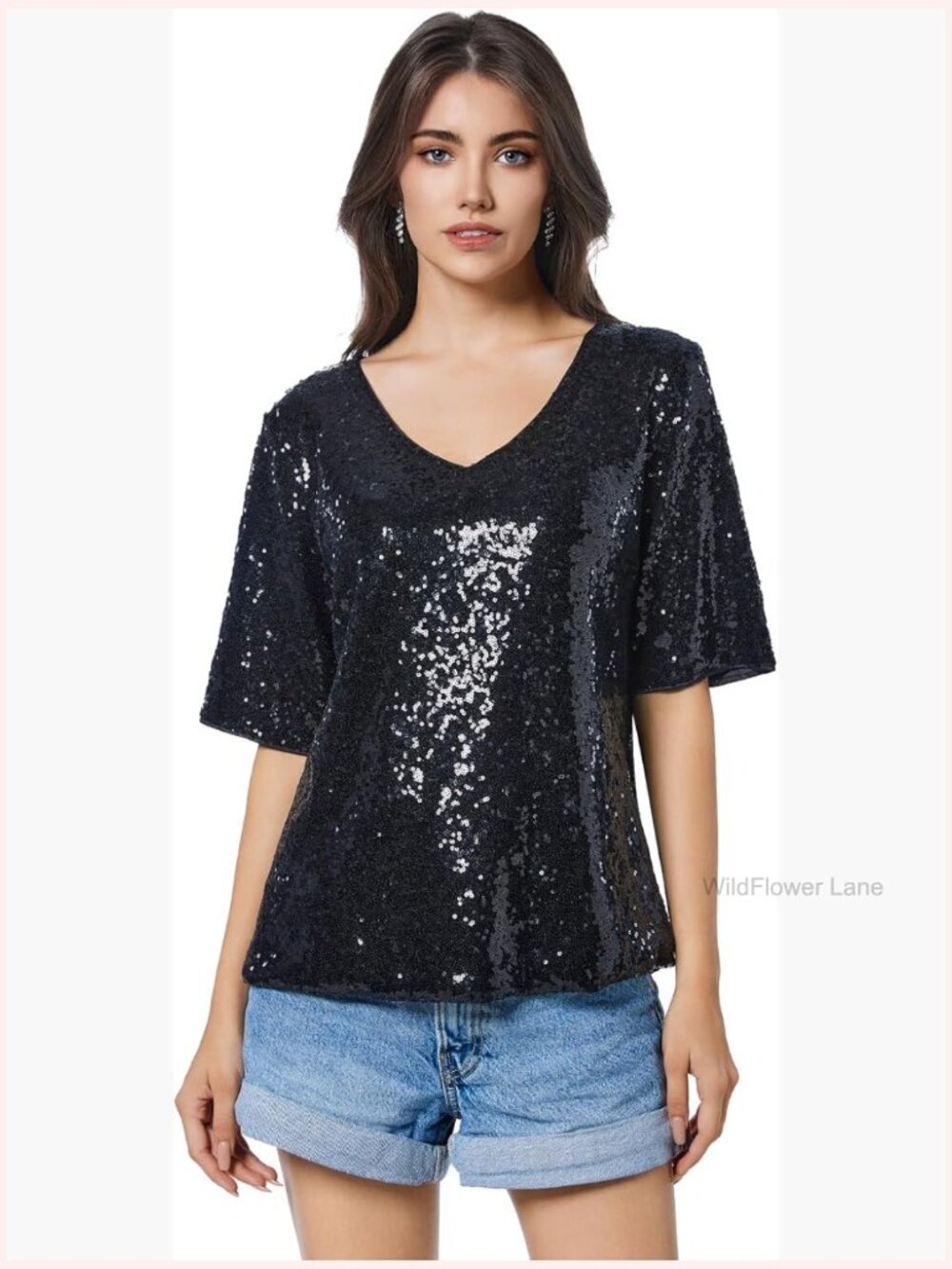 Sequin V-Neck Half Sleeve Sparkly Party Tunic Tops Blouse